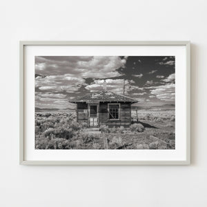 Abandoned wooden building in Currie Nevada ghost town in black and white