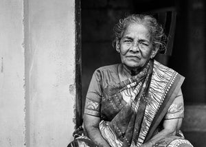 Black and white portrait of an elderly woman in India