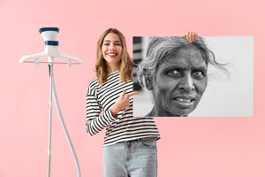 Detailed monochrome-style portrait of an elderly woman in India