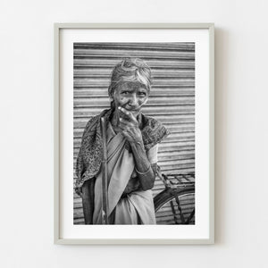 Black and white portrait of an elderly woman in southern India