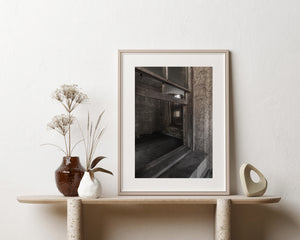 Ellis Island Hospital interior with broken textured glass and dim light