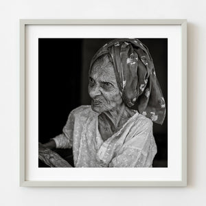 Black and white portrait of an elderly woman in India
