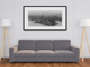 Conifer trees and boulders on a misty island
