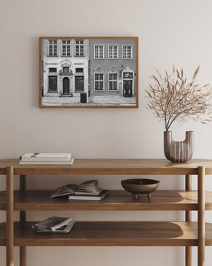 Gdansk storefront architecture photographed straight on in black and white