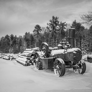 Black and white photograph of a snow covered steam engine