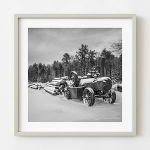 Antique steam traction engine in snow in Haliburton Ontario