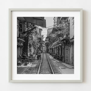Black and white photograph of Hanoi Train Street railway