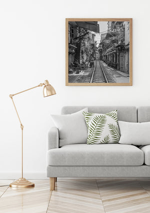 Black and white urban railway scene in Hanoi Vietnam