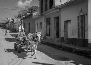 Black and white horse carriage photograph in Trinidad Cuba