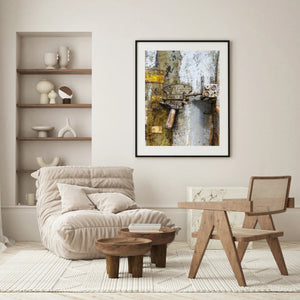 Industrial wall art featuring rusted surfaces, steel details, and engineered character