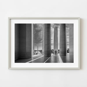 Black and white view from Lincoln Memorial columns toward Washington Monument