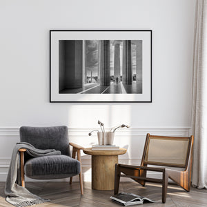 Architectural black and white image of Lincoln Memorial columns in strong sunlight