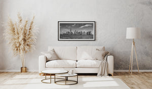 Wide black and white photograph of downtown Manhattan architecture