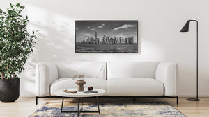 New York skyscrapers and waterfront in panoramic black and white