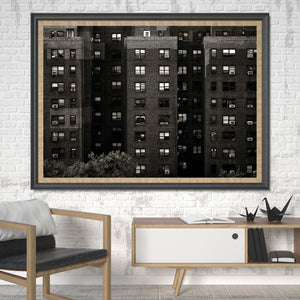 Monochrome New York apartment facade with brick texture and window patterns