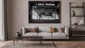 Graphic New York garage interior with people and signs