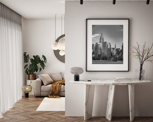 Vertical New York City skyline photograph with Hudson River foreground
