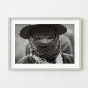 Black and white portrait of a masked man in northern China