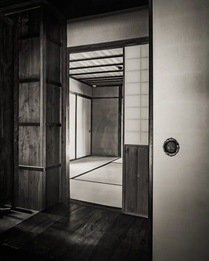 A pale fusuma panel with a metal pull stands beside an open Japanese doorway.