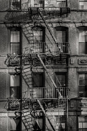 Iron fire escape ladders and platforms across rows of windows