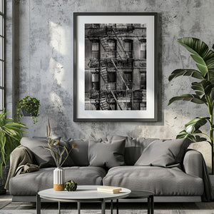 Vertical architectural photograph of windows fire escapes and ladders