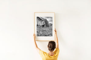 Black and white photograph of a decaying barn in Ontario