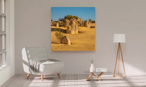 Weathered limestone pinnacles surrounded by sand and sparse Australian vegetation