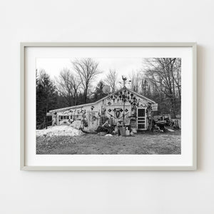 Black and white photograph of a rural Ontario antique shop