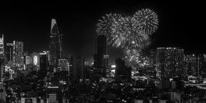 Fireworks over the Ho Chi Minh City skyline and Bitexco Financial Tower