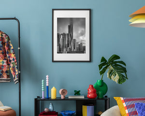 Vertical Chicago skyline photograph with the St. Regis tower in cloud