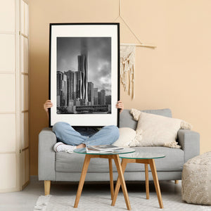 Black and white downtown Chicago architecture beside the river