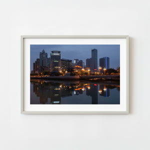 Chengdu riverfront cityscape at dusk