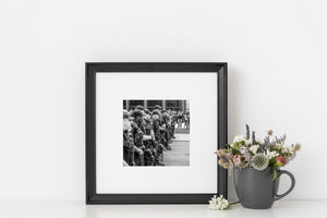 Toronto police line photographed in black and white