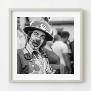 Black and white portrait of clown at Tuscan wine festival