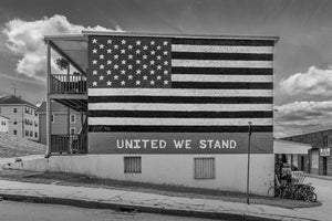 Black and white photograph of American flag wall mural in the USA