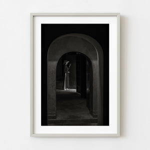Black and white portrait of Vietnamese woman at Dong Khanh Mausoleum