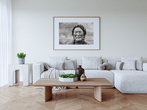 Black and white female portrait against a softly blurred background