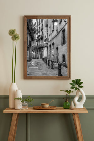 Vertical photograph of a quiet historic Barcelona street