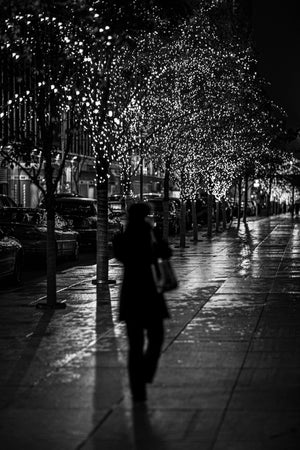 Silhouetted woman beneath illuminated trees in New York City