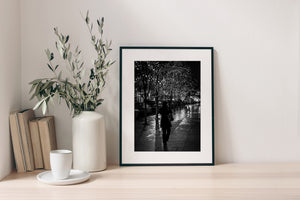 Wet city sidewalk reflecting tree lights in black and white
