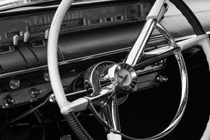 Classic car interior detail in black and white