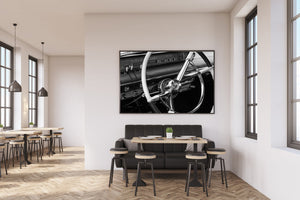 Polished chrome steering wheel of a vintage Chevelle