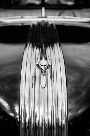 Narrow Pontiac hood ornament above a ribbed chrome strip and dark bodywork