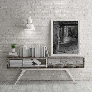 Black and white photograph of an abandoned industrial interior in Ontario