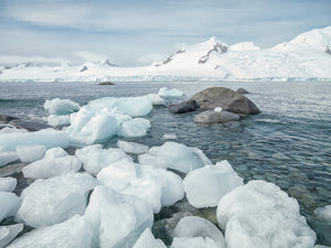Translucent ice blocks along an Antarctic coast beneath a blue-grey sky.
