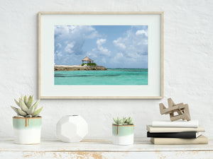 Bahamas water with tiki huts on land | Photo Art Print fine art photographic print