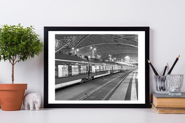 Black white train station with stationary train Dresden Germany | Photo Art Print fine art photographic print