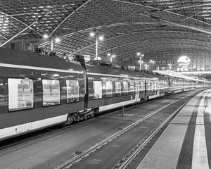 Black white train station with stationary train Dresden Germany | Photo Art Print fine art photographic print