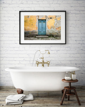 Blue door with cracked plaster wall Tuscany | Photo Art Print fine art photographic print