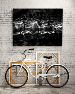 Bottles closeup black and white in a rum factory in Cuba | Photo Art Print fine art photographic print